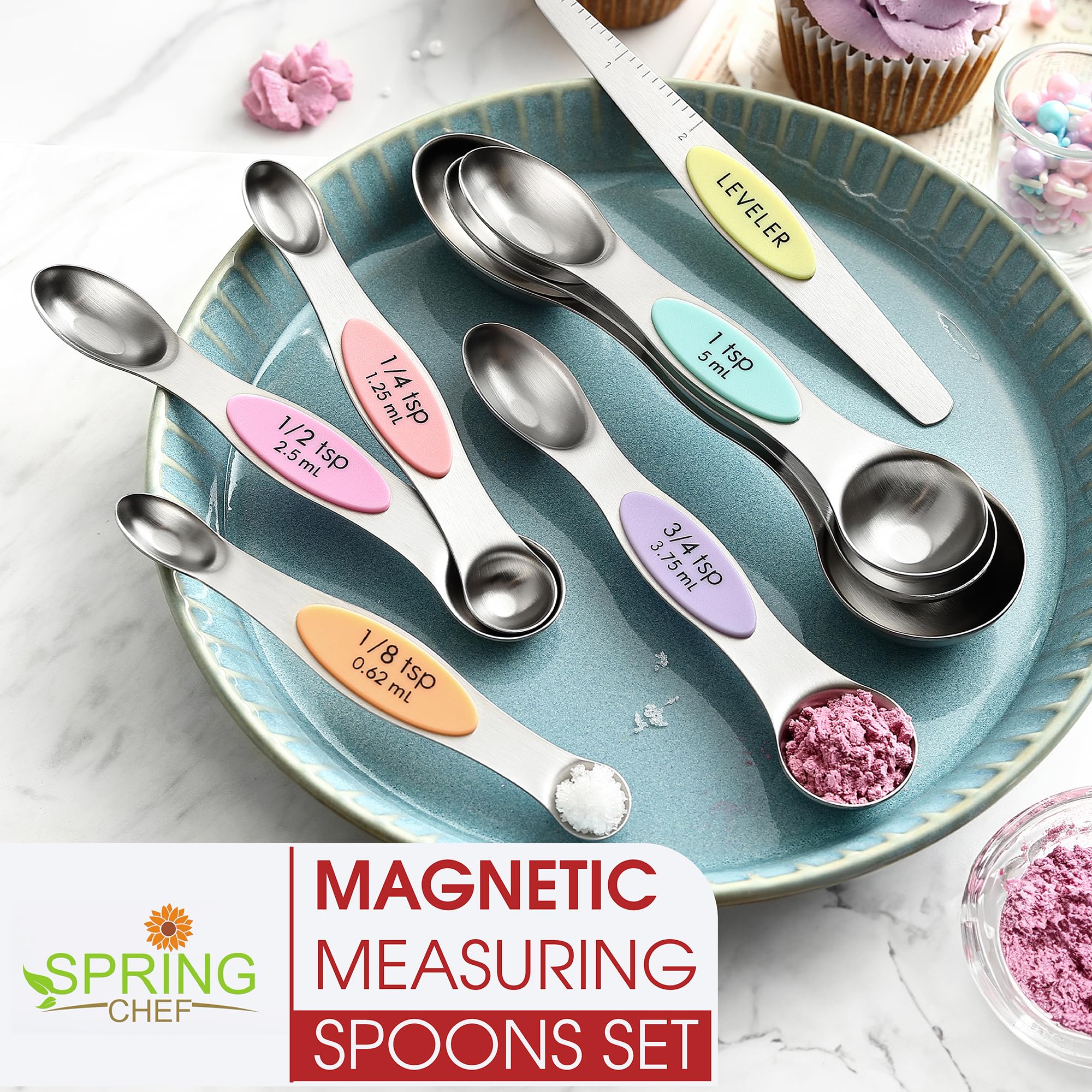 Spring Chef set compacto y apilable de cucharas magnéticas para ahorro de espacio.