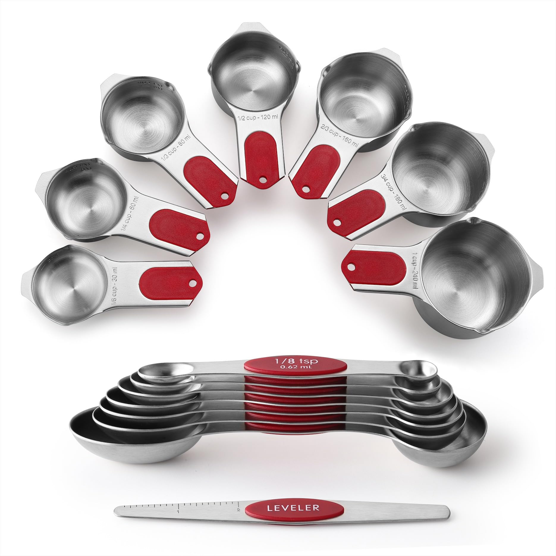 Spring Chef tazas y cucharas magnéticas, juego de 15 en acero inoxidable.