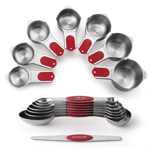 Spring Chef tazas y cucharas magnéticas, juego de 15 en acero inoxidable.