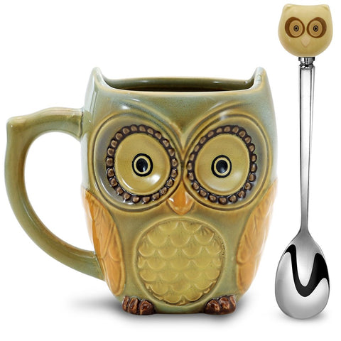 Taza 3D SQOWL de búho con cuchara, ideal para mezclar dulzura al instante.