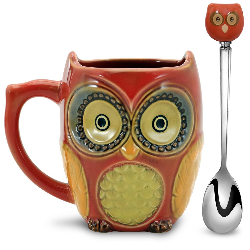 SQOWL taza 3D lechuza de cerámica con cuchara, ideal para iniciar el día