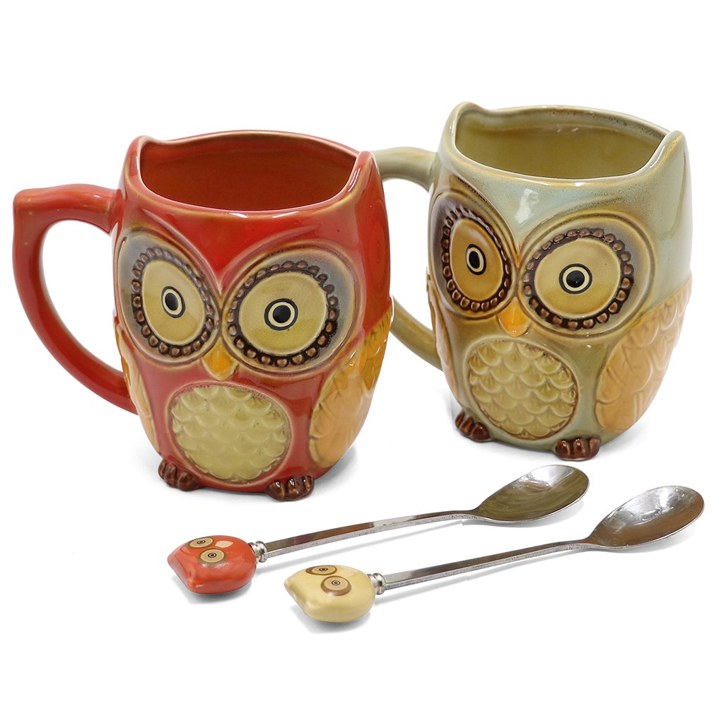 SQOWL taza cerámica buho 3D cian con cuchara, ideal para café matutino
