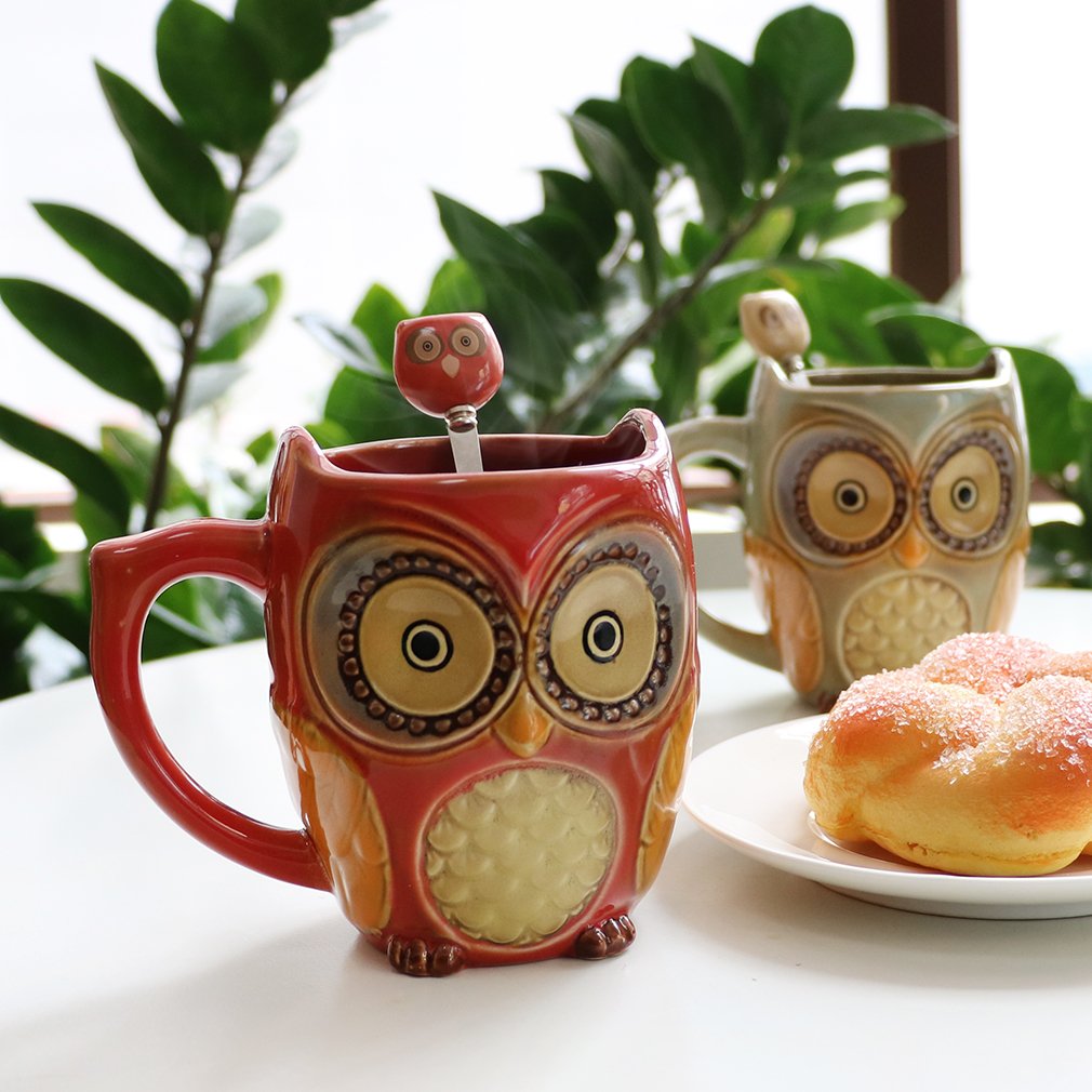 SQOWL taza cerámica buho 3D rojo con cuchara, perfecta para té o latte
