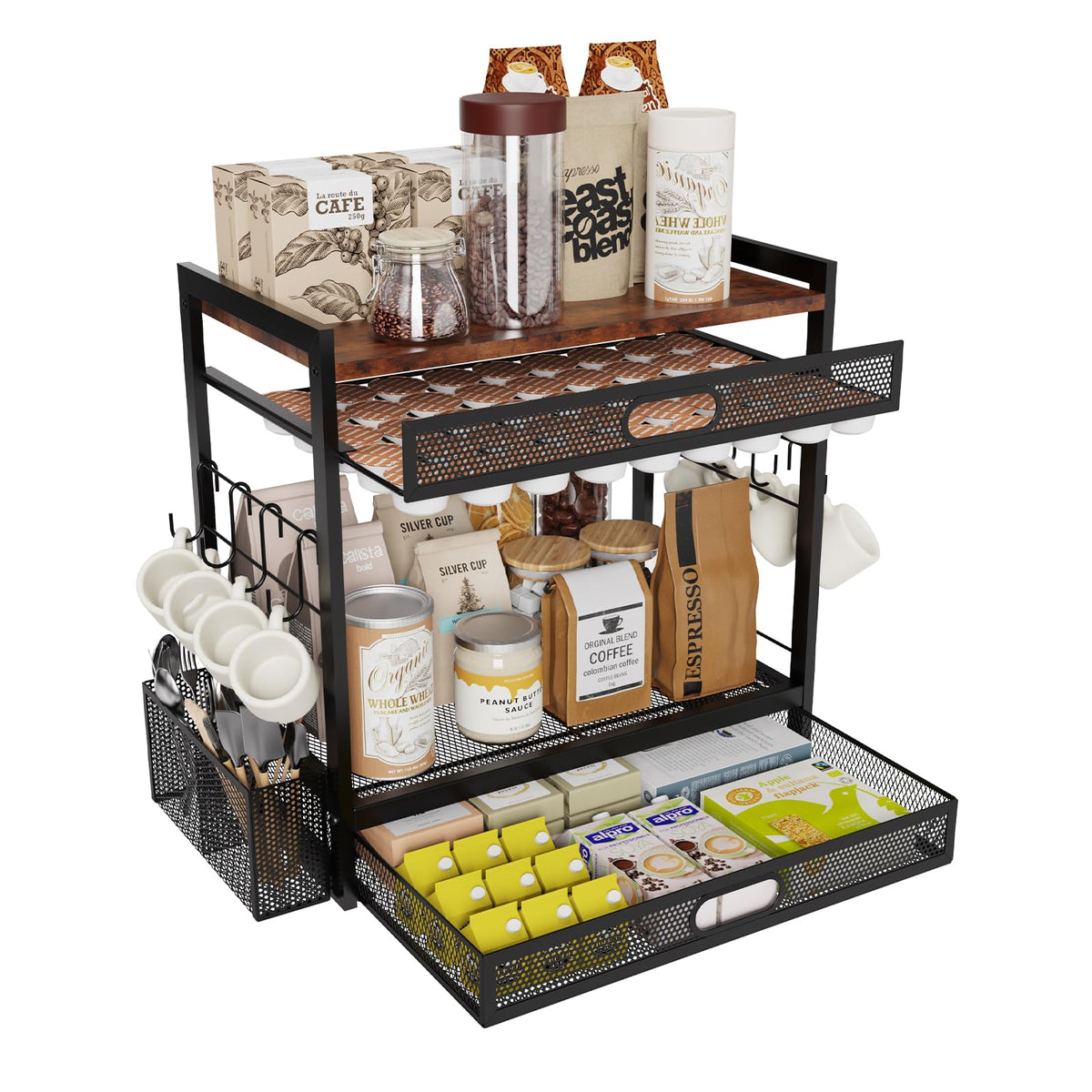 SRJZMLY Organizador de bar de café de dos niveles facilita la organización de tazas y cápsulas.