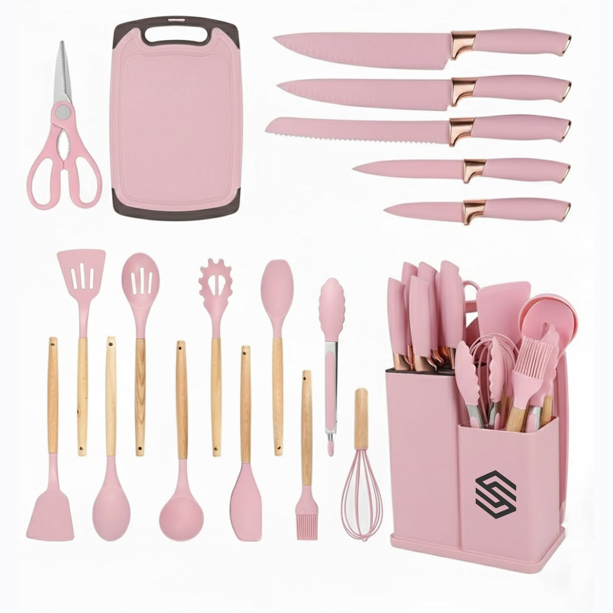 SS BEST DEALS set de utensilios de silicona rosa con espátulas, aptos para sartenes antiadherentes.