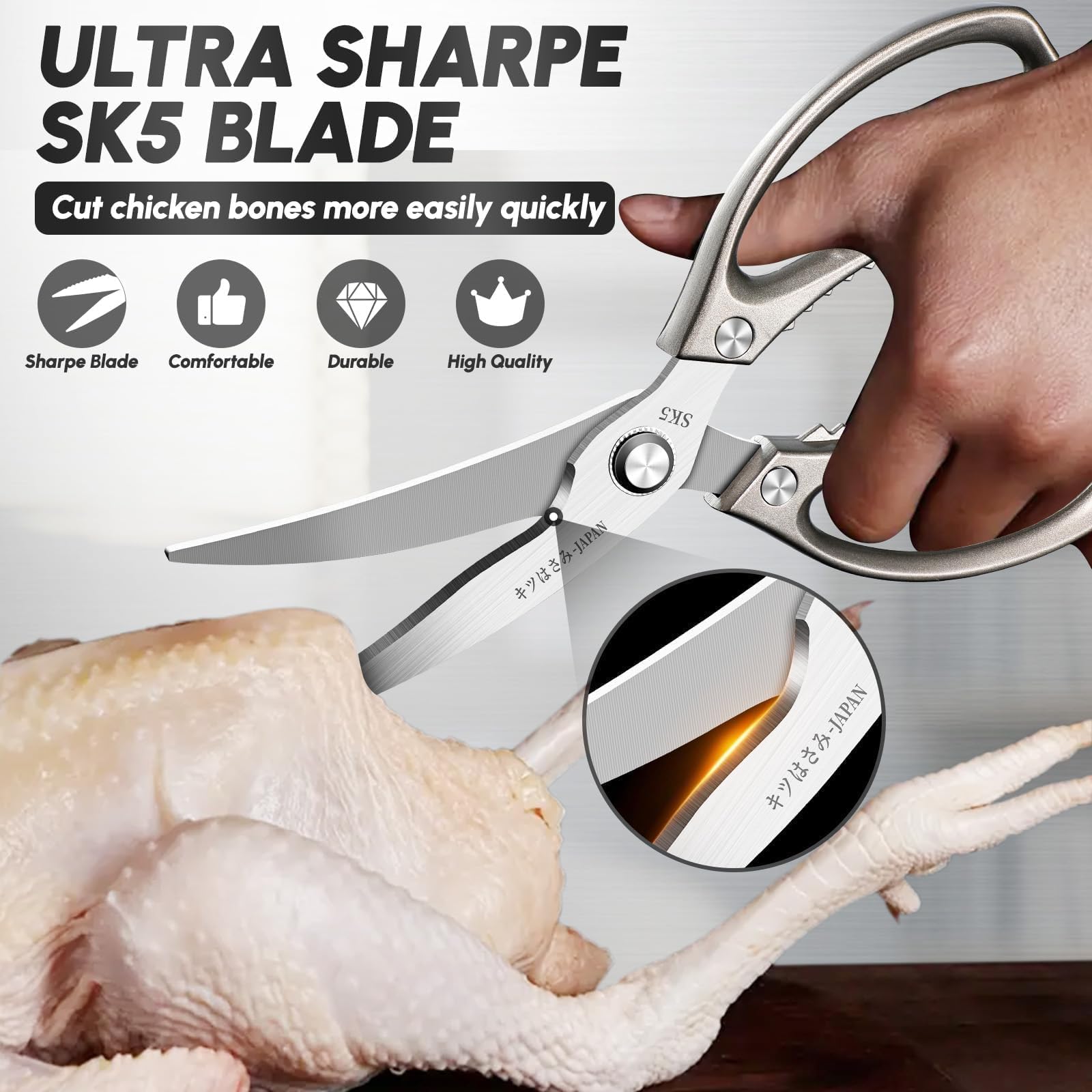 Tijeras SSGP para raspar escamas de pescado con precisión.