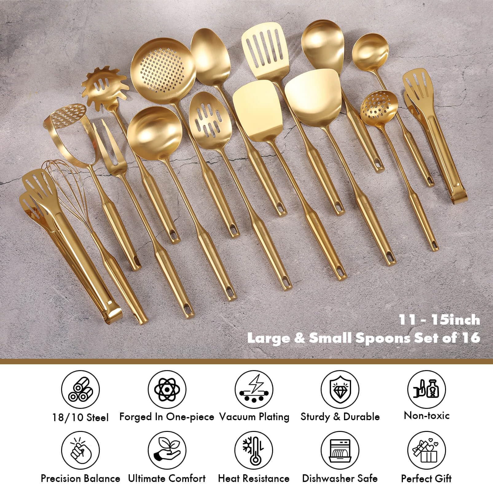 Standcn Gold: espátulas y cucharas de servir con acabado pulido para presentaciones atractivas.