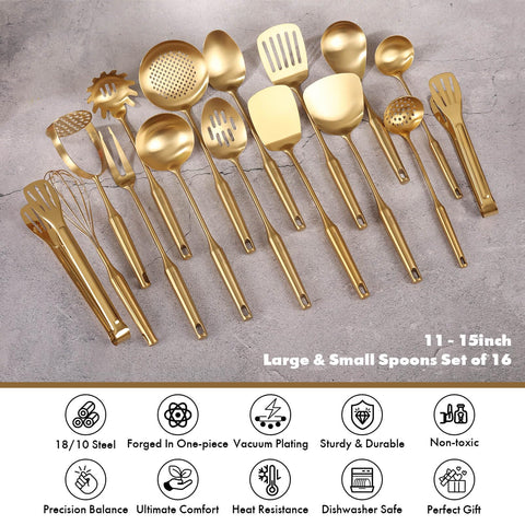 Standcn Gold: espátulas y cucharas de servir con acabado pulido para presentaciones atractivas.