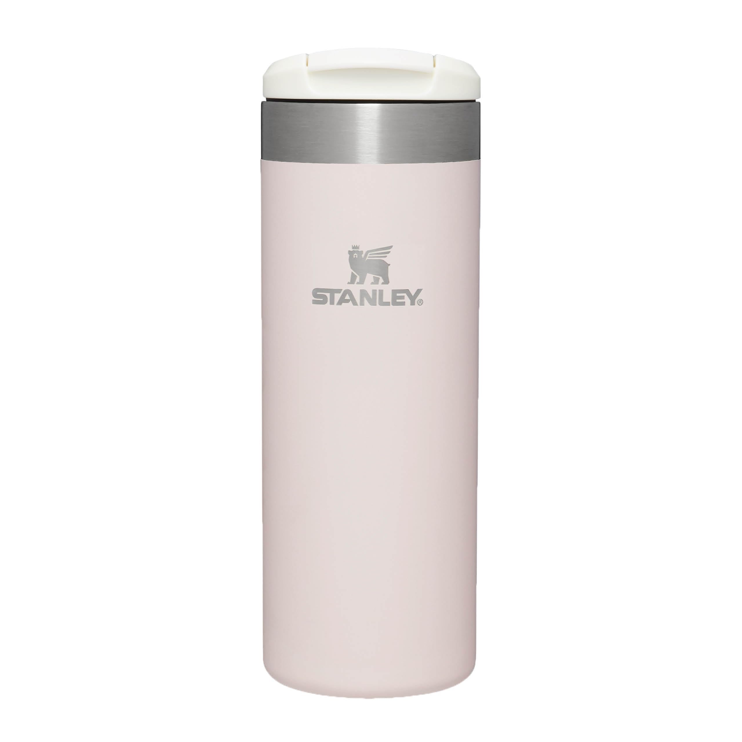 Stanley Aerolight Transit Mug crema metálica vista frontal para café caliente en la oficina.