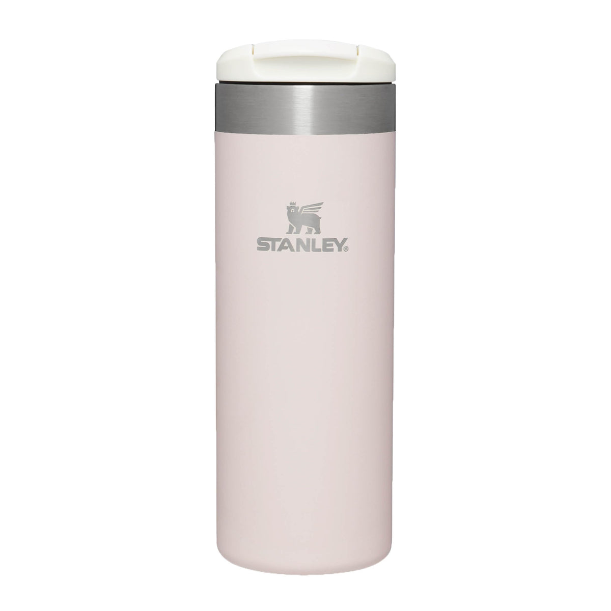 Stanley Aerolight Transit Mug crema metálica vista frontal para café caliente en la oficina.
