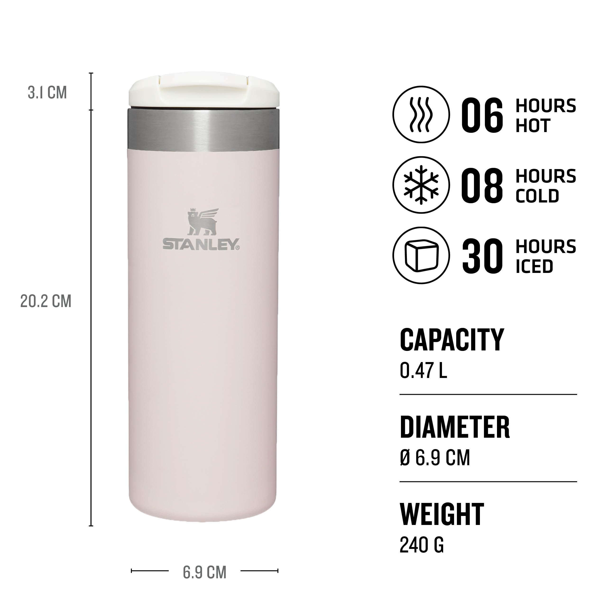 Stanley Aerolight Transit Mug crema metálica, tapa con cierre para transporte sin derrames.