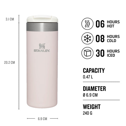 Stanley Aerolight Transit Mug crema metálica, tapa con cierre para transporte sin derrames.