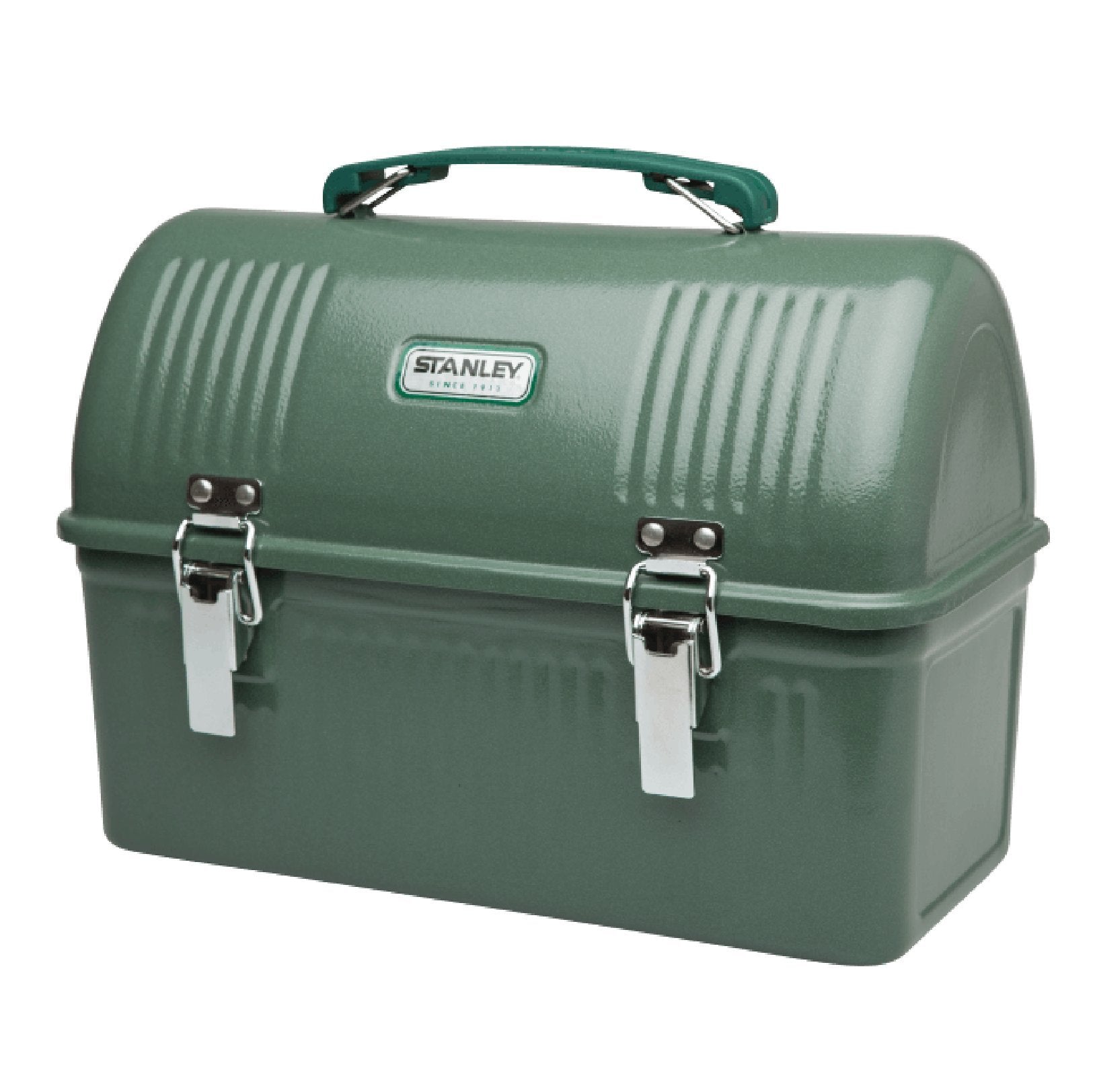 La STANLEY caja-almuerzo clásica 10qt en verde Hammertone ofrece durabilidad para el día de trabajo.