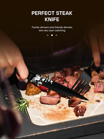 Cuchillos de bistec incluidos con diseño láser y filo preciso.
