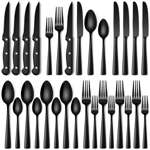 Conjunto de cubiertos negro Stapava de acero inoxidable con acabado espejo para mesa diaria.