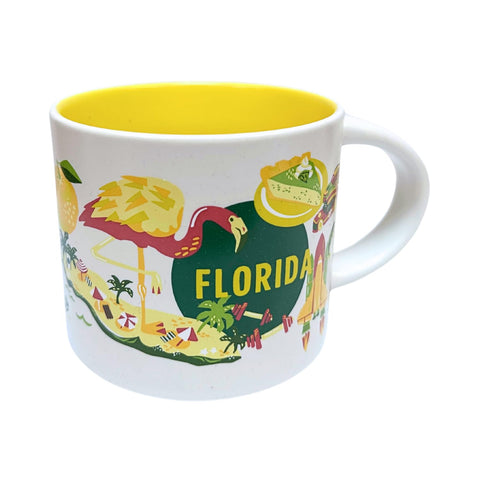 Starbucks Discovery Series Florida, taza cerámica 14 onzas blanca y amarilla, ideal para café diario
