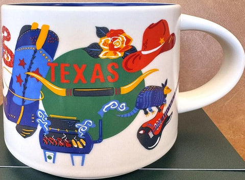 Starbucks Discovery Series: taza Texas en blanco y azul, perfecta para rituales matutinos.