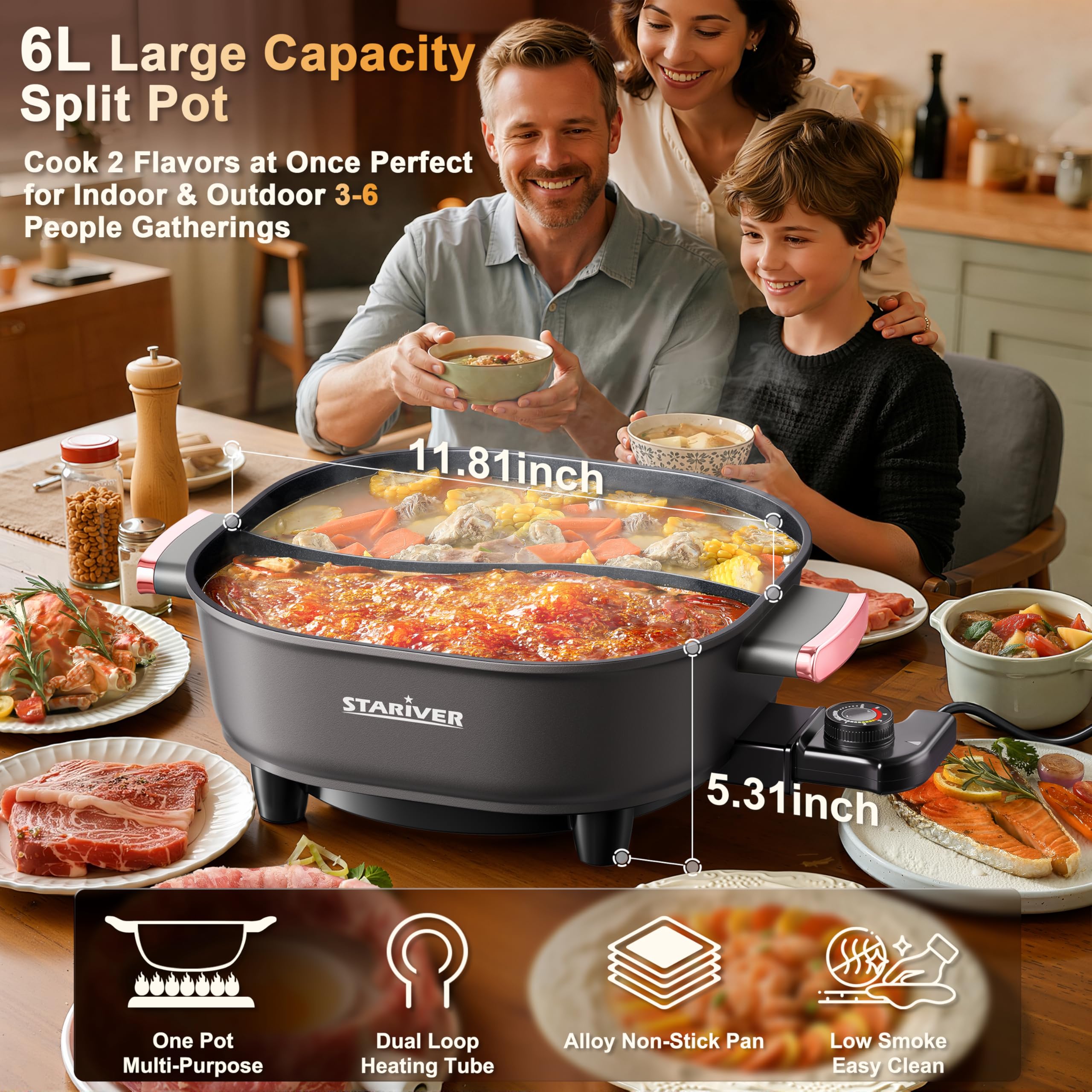 Stariver Olla con doble calor 1300W para cocción rápida y uniforme.