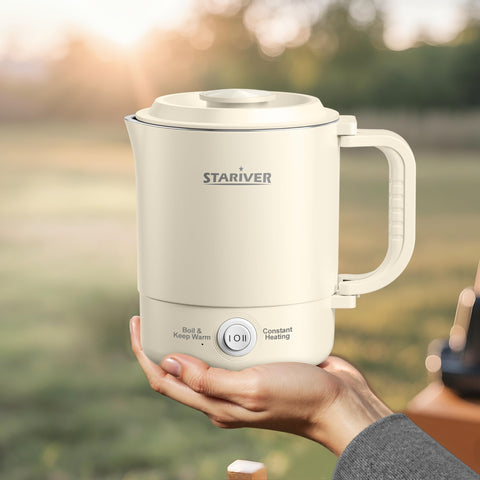 Stariver hervidor portátil con manija plegable, ideal para viajes y ahorro de espacio.