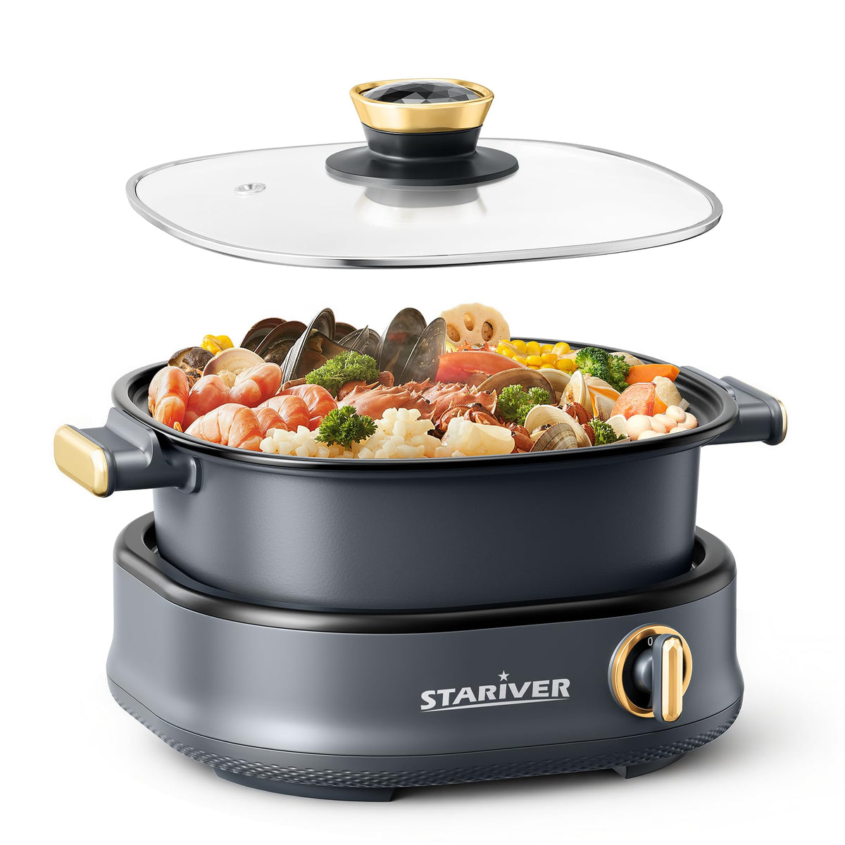 Stariver Olla eléctrica 3L con control dual, ideal para fondue y salteados.