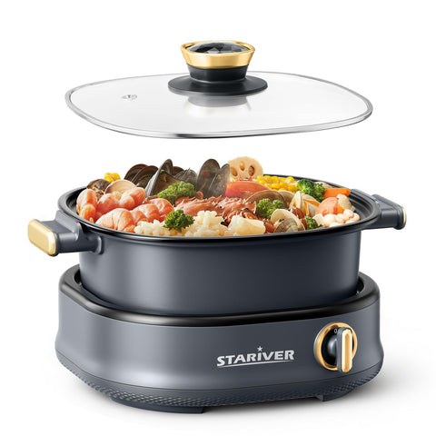 Stariver Olla eléctrica 3L con control dual, ideal para fondue y salteados.