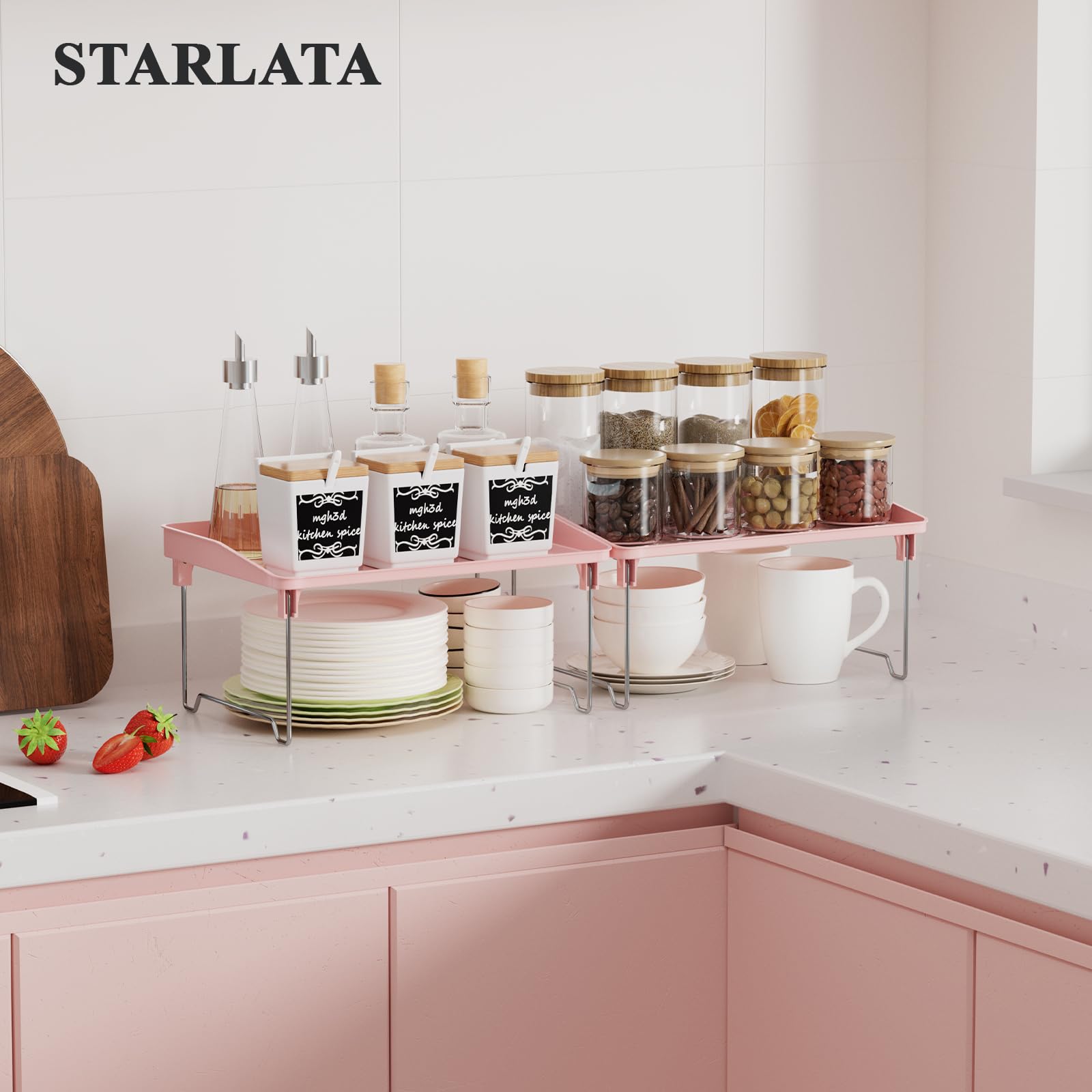 STARLATTA estante apilable cocina rosa: almacenamiento vertical eficiente y fácil acceso.