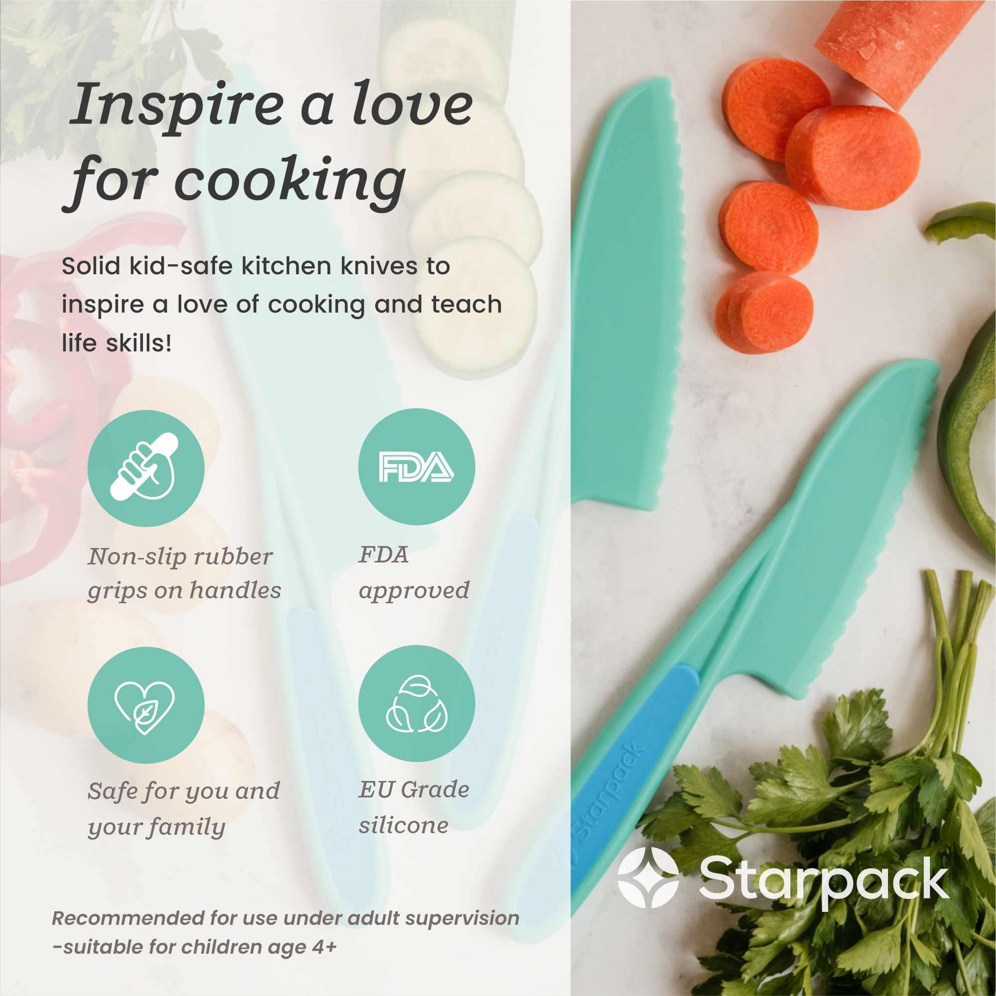 StarPack Home: cuchillo infantil grande con bordes dentados seguros para cortar alimentos.
