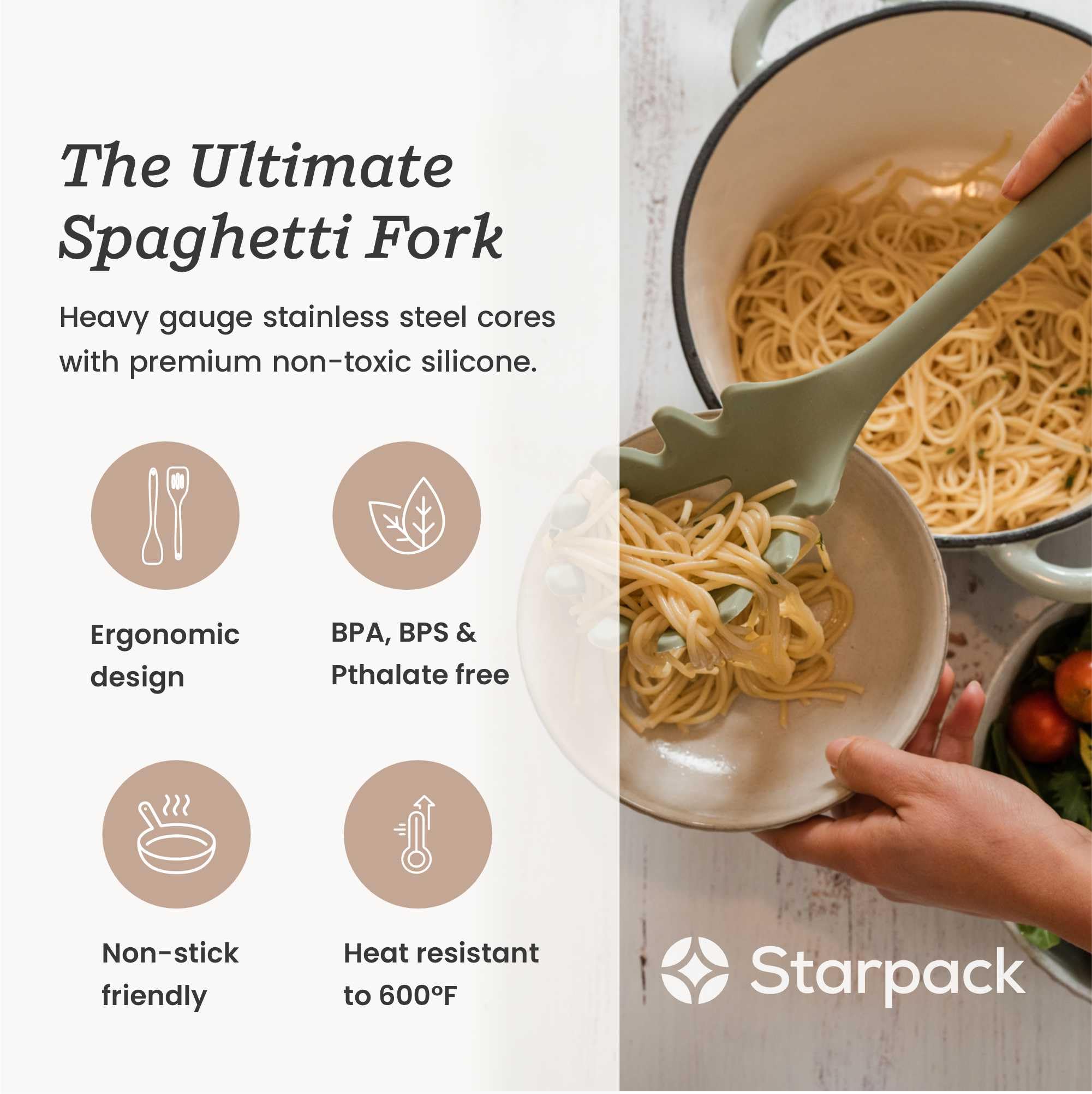 Tenedor de pasta XL con dientes de silicona para servicio preciso.