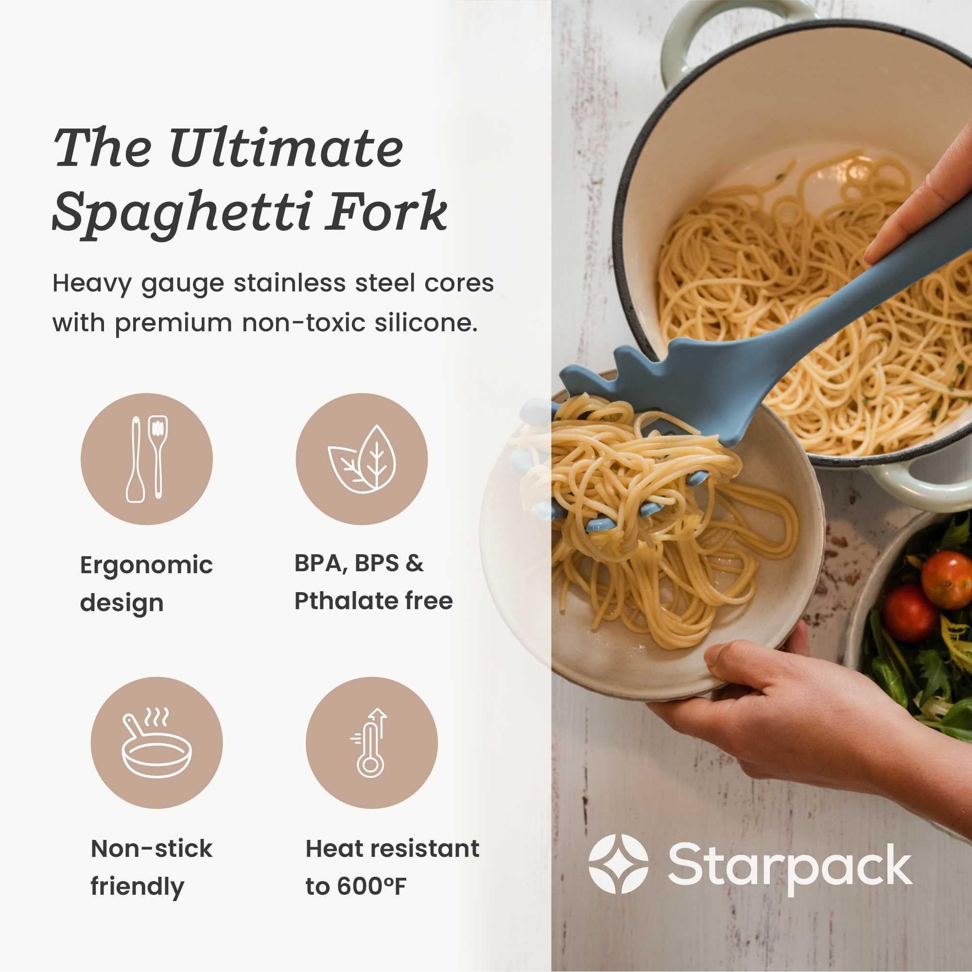 StarPack XL tenedor pasta silicona ergonomico: agarre cómodo para porciones grandes