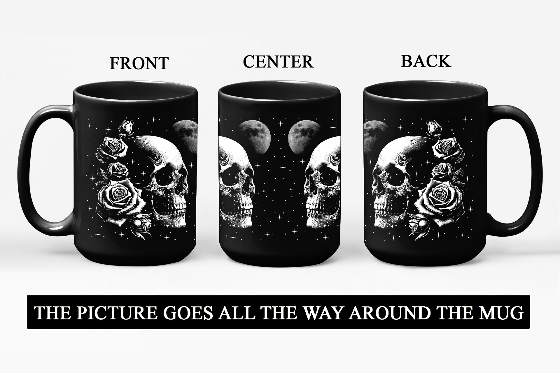 La STARTER FLUID taza cráneo muestra el detalle de lunas y estrellas para un ambiente gótico.