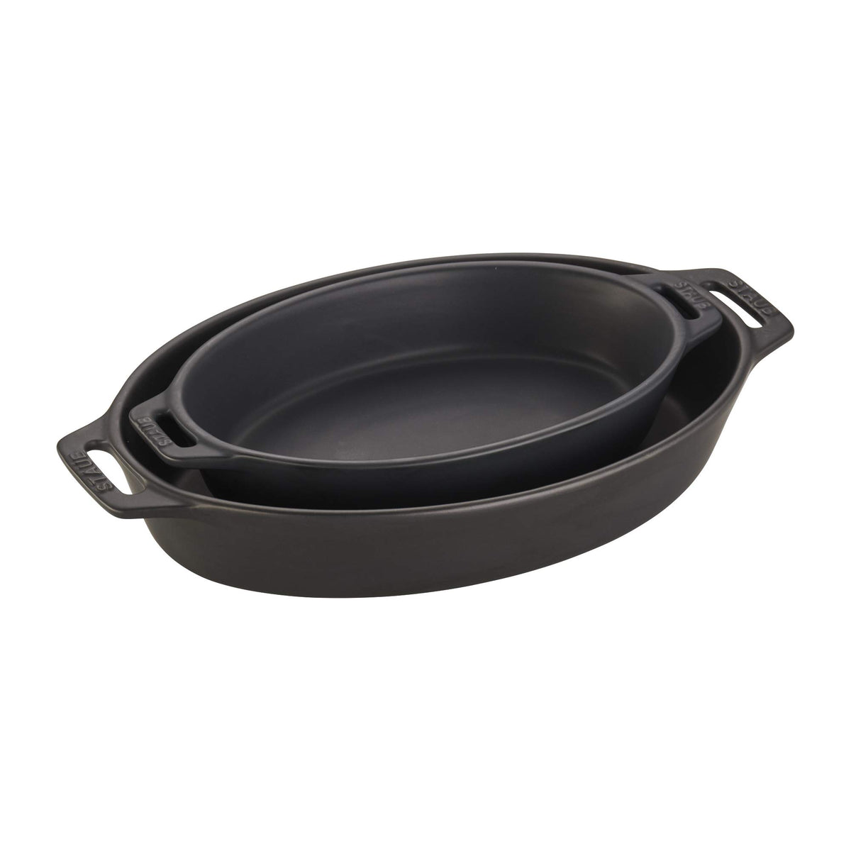 Staub bandeja de forma oval cerámica 2 piezas, mate negro, apta para horno y mesa.
