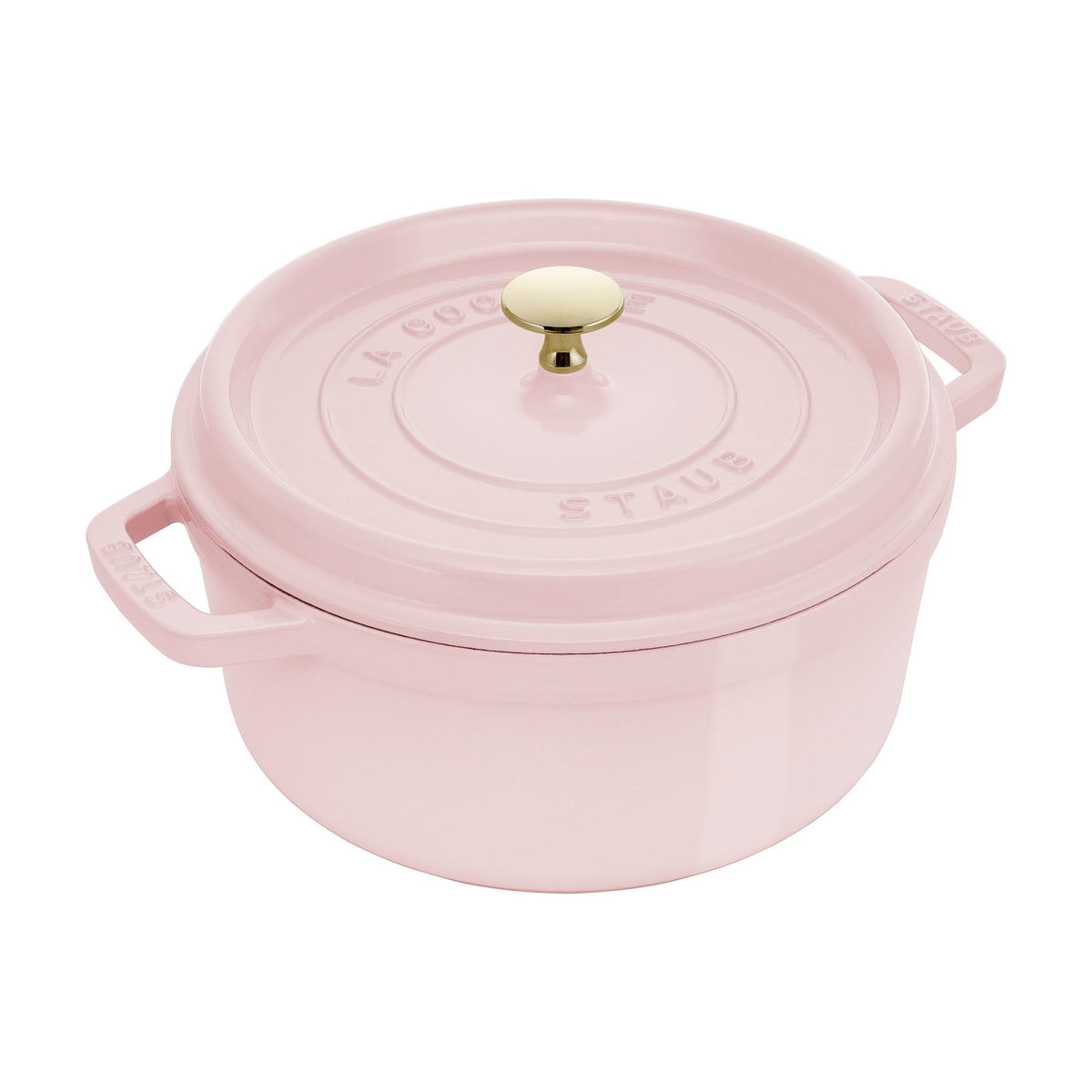 Staub cocotte 4qt redonda rosa, perfecta para cocción lenta y sabores intensos.