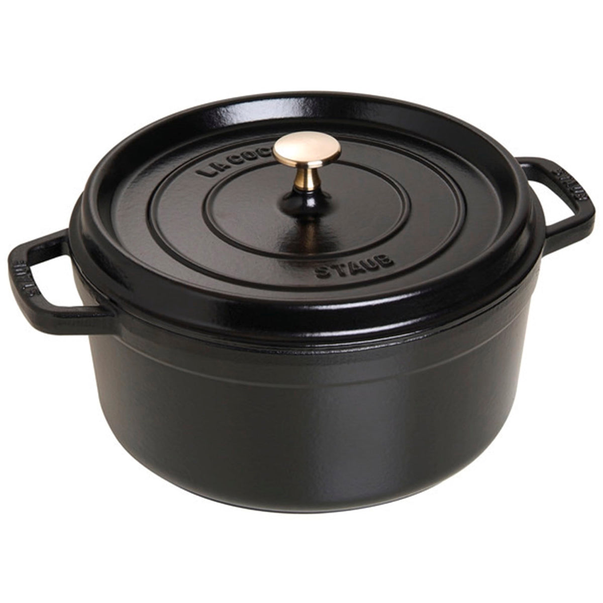 Staub Cocotte 5qt frente con tapa negra mate, lista para guisos lentos.