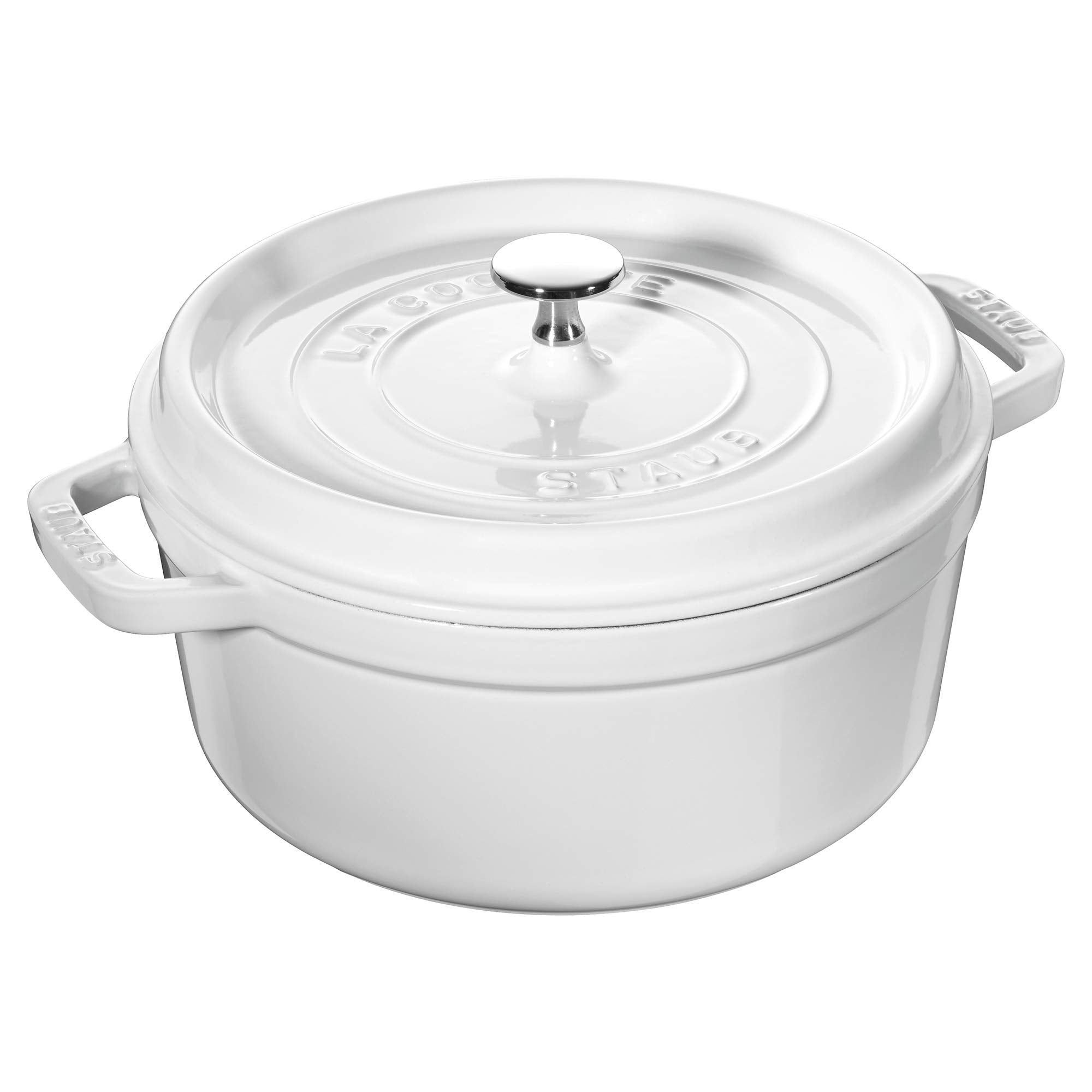 STAUB cocotte blanca con interior esmaltado para dorar y sellar sabores.