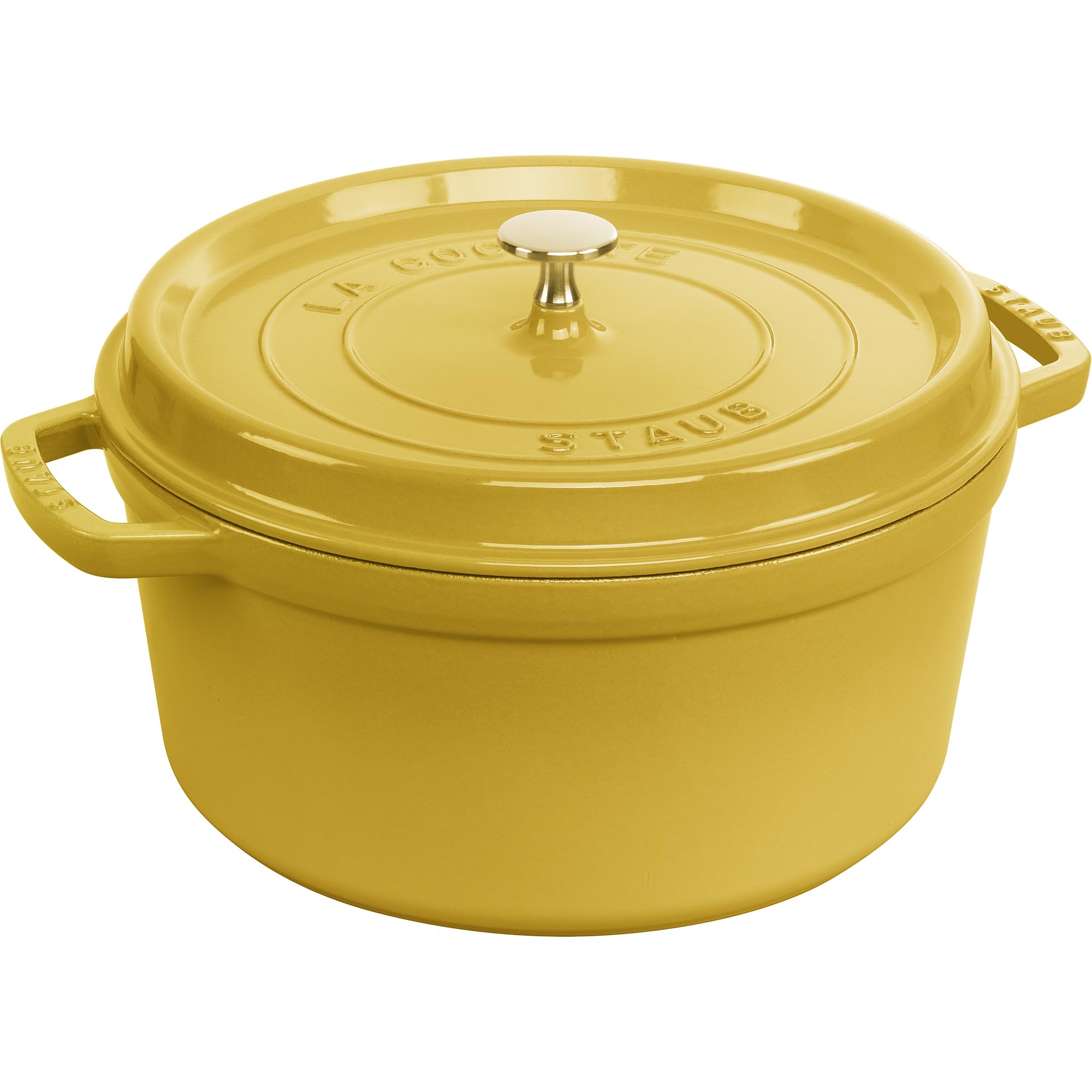 Staub cocotte de hierro redonda Citron, vista general para cocina duradera y estilo en mesa.