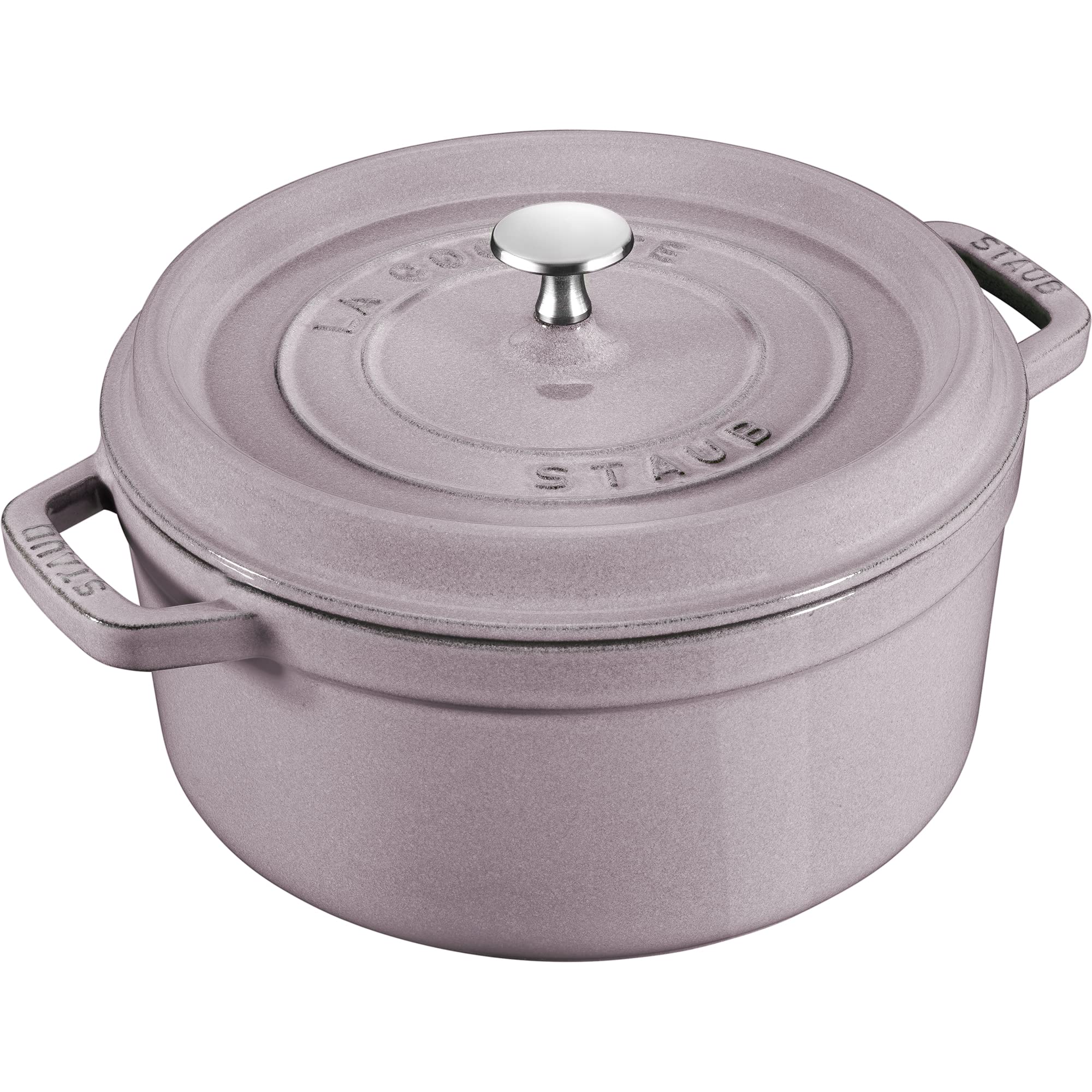 Staub cocotte lila 7qt exterior para cocción uniforme y calidez en la mesa.