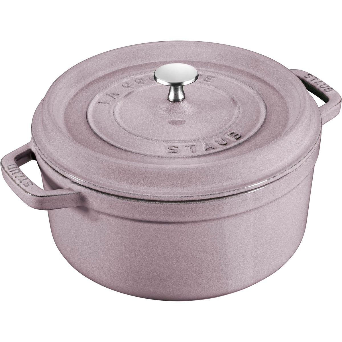 Staub cocotte lila 7qt exterior para cocción uniforme y calidez en la mesa.