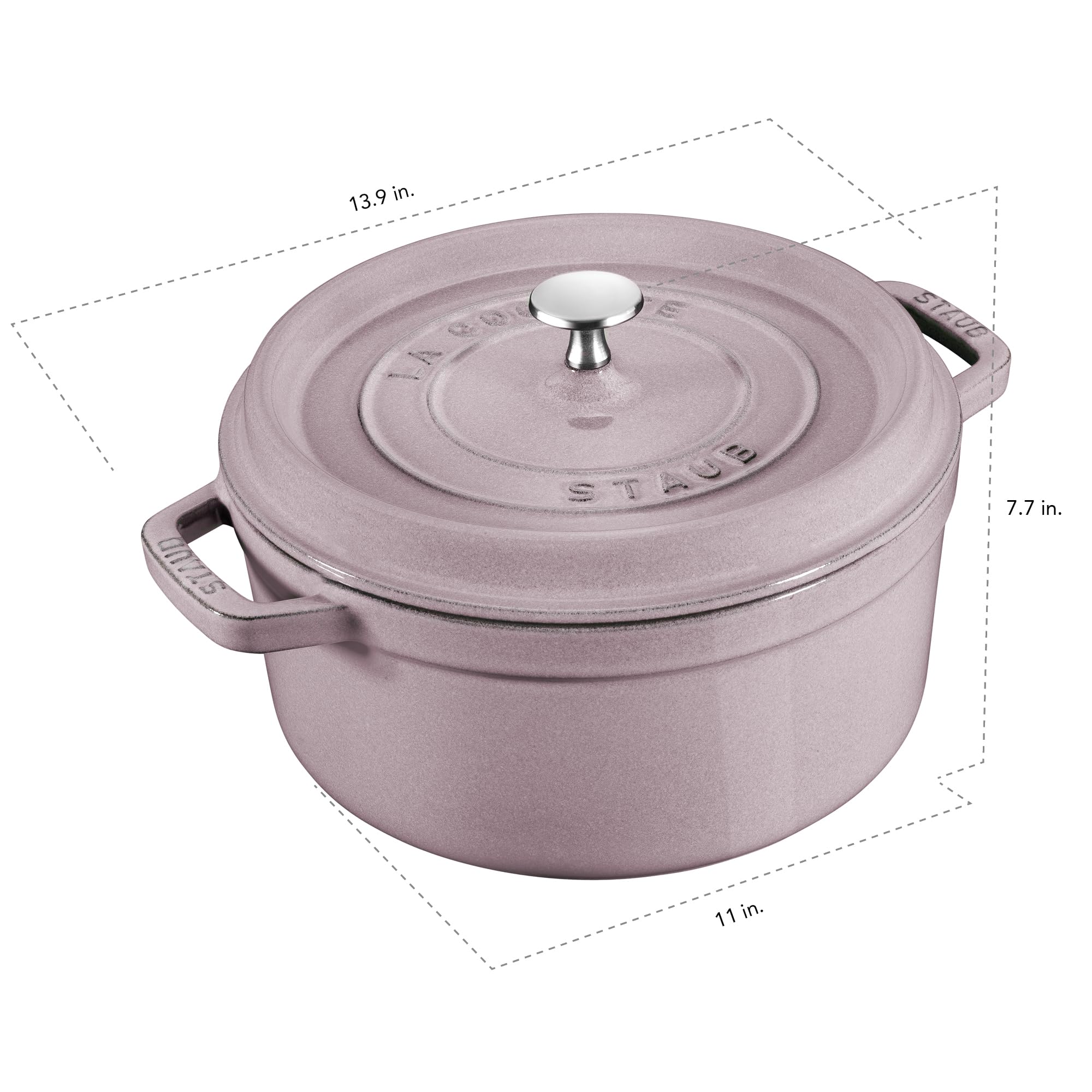 Staub cocotte lila interior esmaltado negro texturizado favorece dorado uniforme.