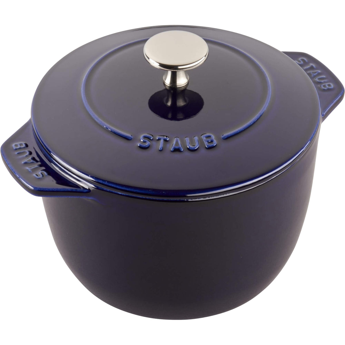 STAUB cocotte pequeña 1,5 qt, azul oscuro para cocinar y presentar en mesa.