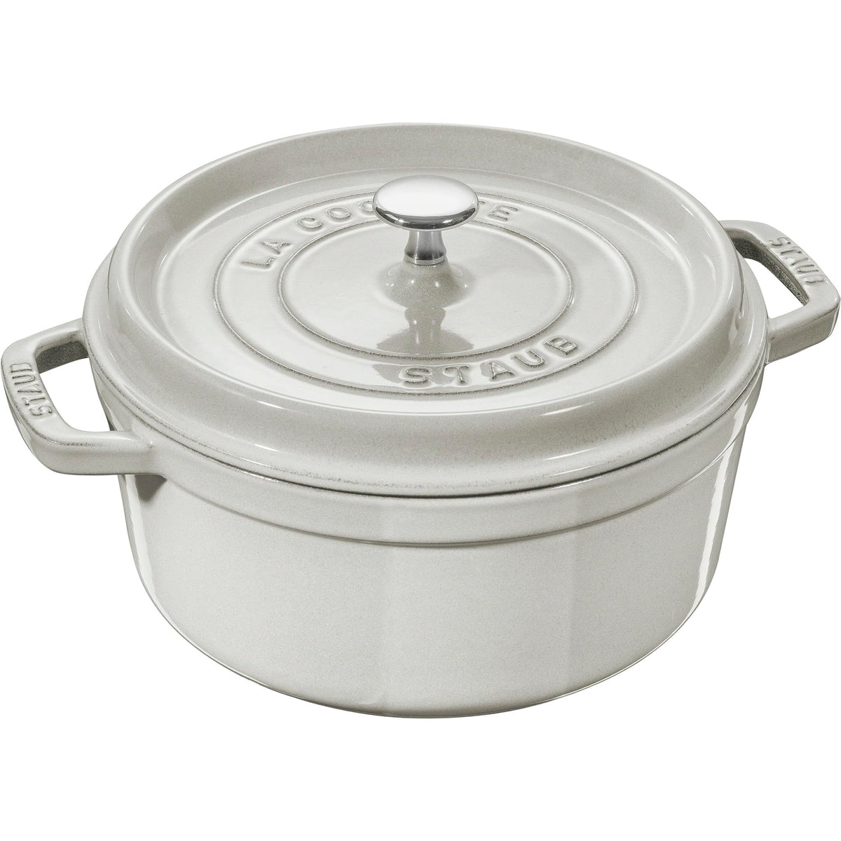 Staub cocotte redonda de 4 cuartos, vista frontal, ideal para guisos lentos.