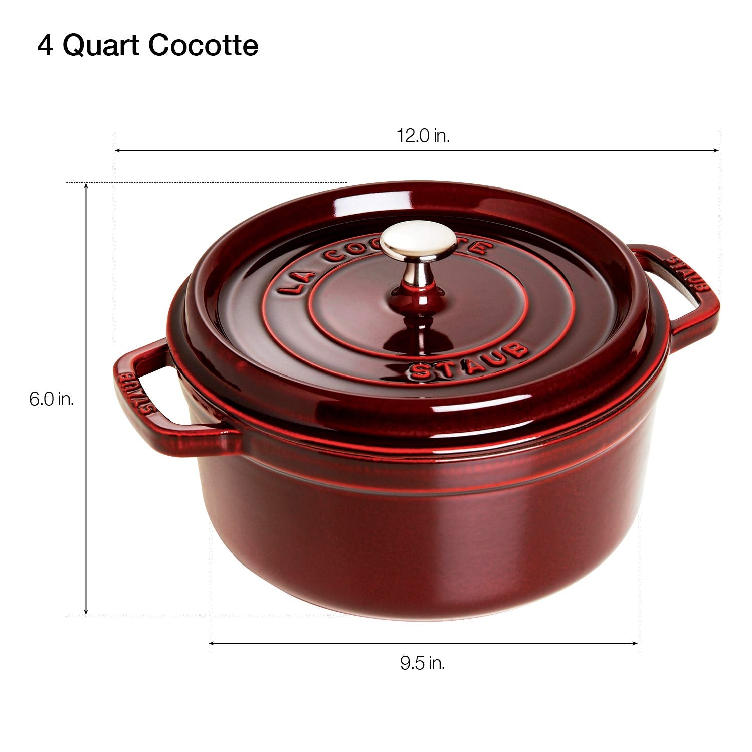 Staub cocotte redonda granate 4qt: base cerámica lisa para cualquier cocción.