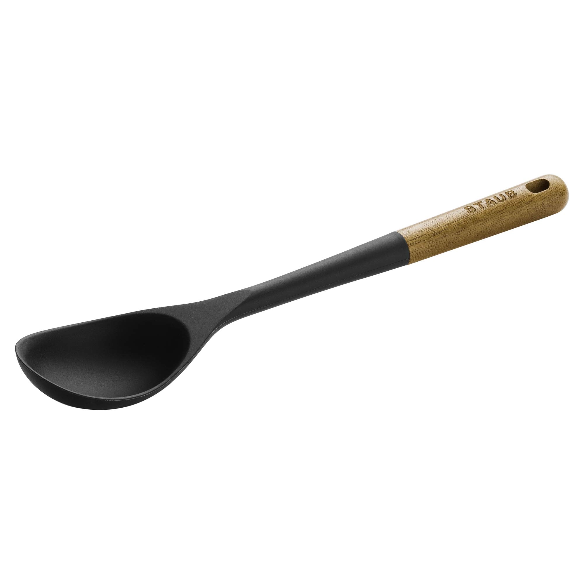Cucharón de servir STAUB en silicona mate negra, ideal para mezclar y servir.