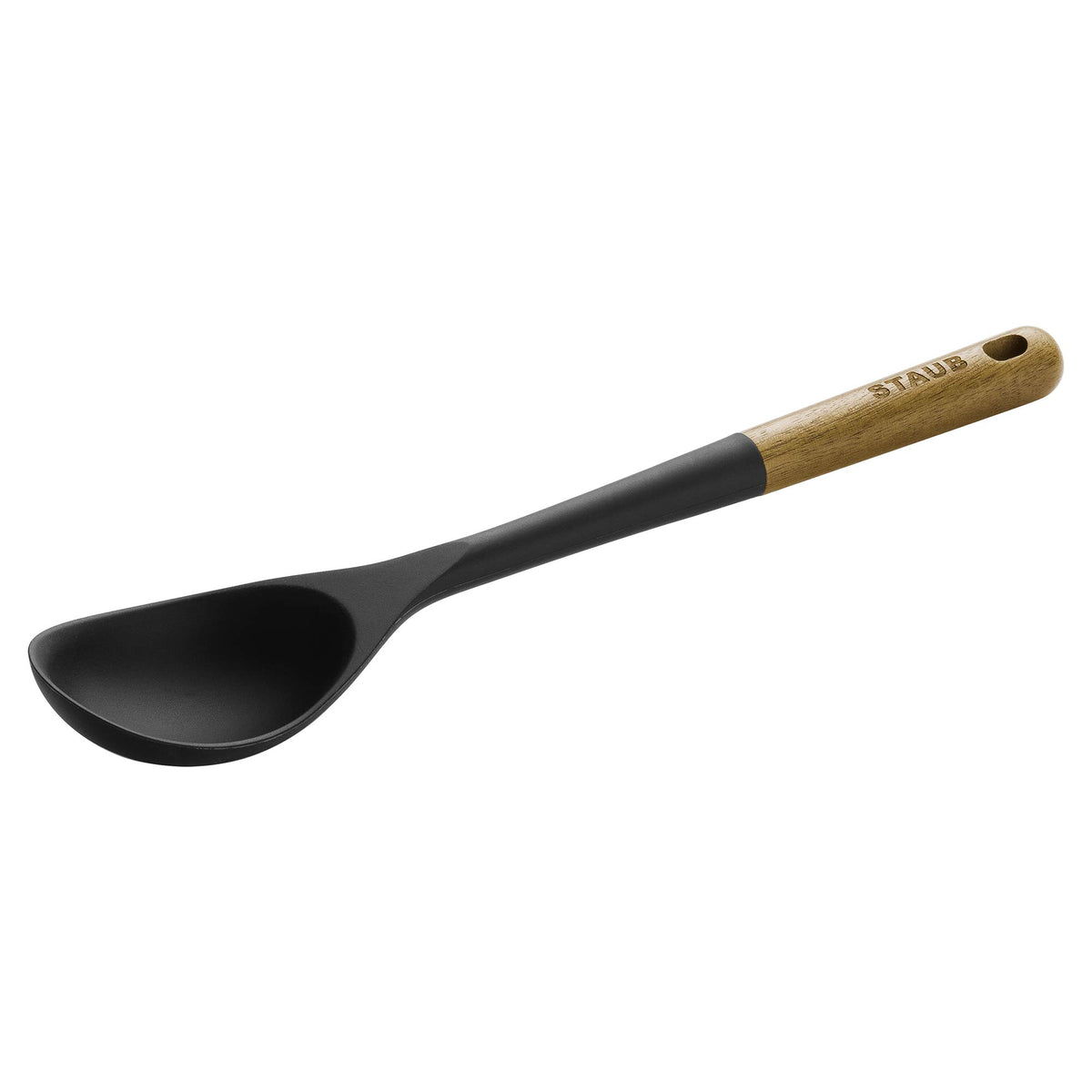 Cucharón de servir STAUB en silicona mate negra, ideal para mezclar y servir.