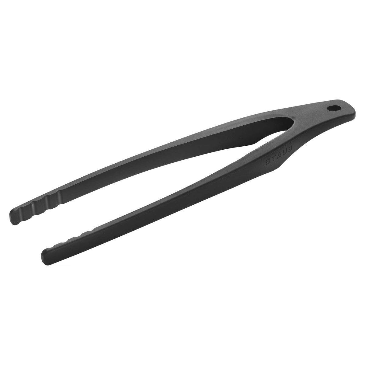 Pinzas STAUB de silicona mate negro para voltear alimentos con precisión.