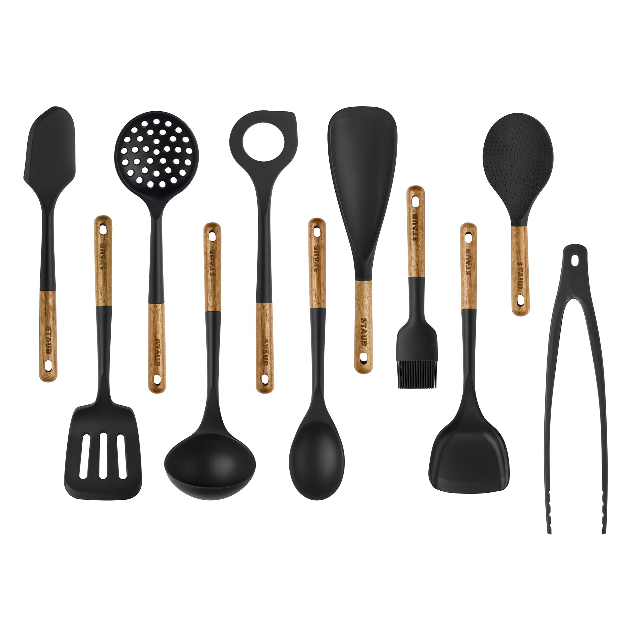 STAUB set de utensilios de silicona con mango de madera, resistentes y aptos para uso diario.