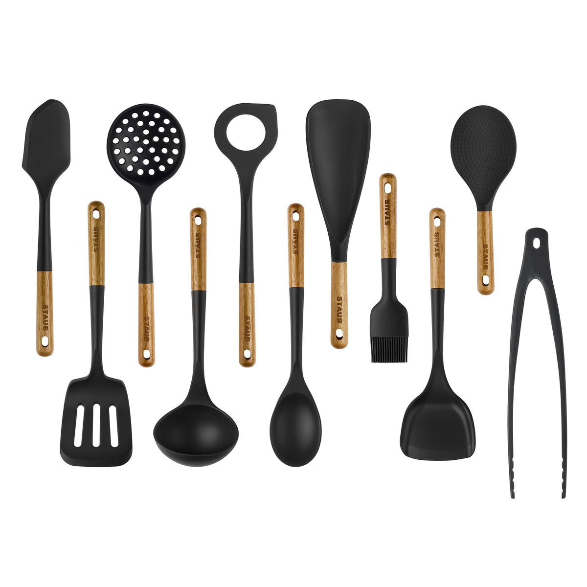 STAUB set de utensilios de silicona con mango de madera, resistentes y aptos para uso diario.