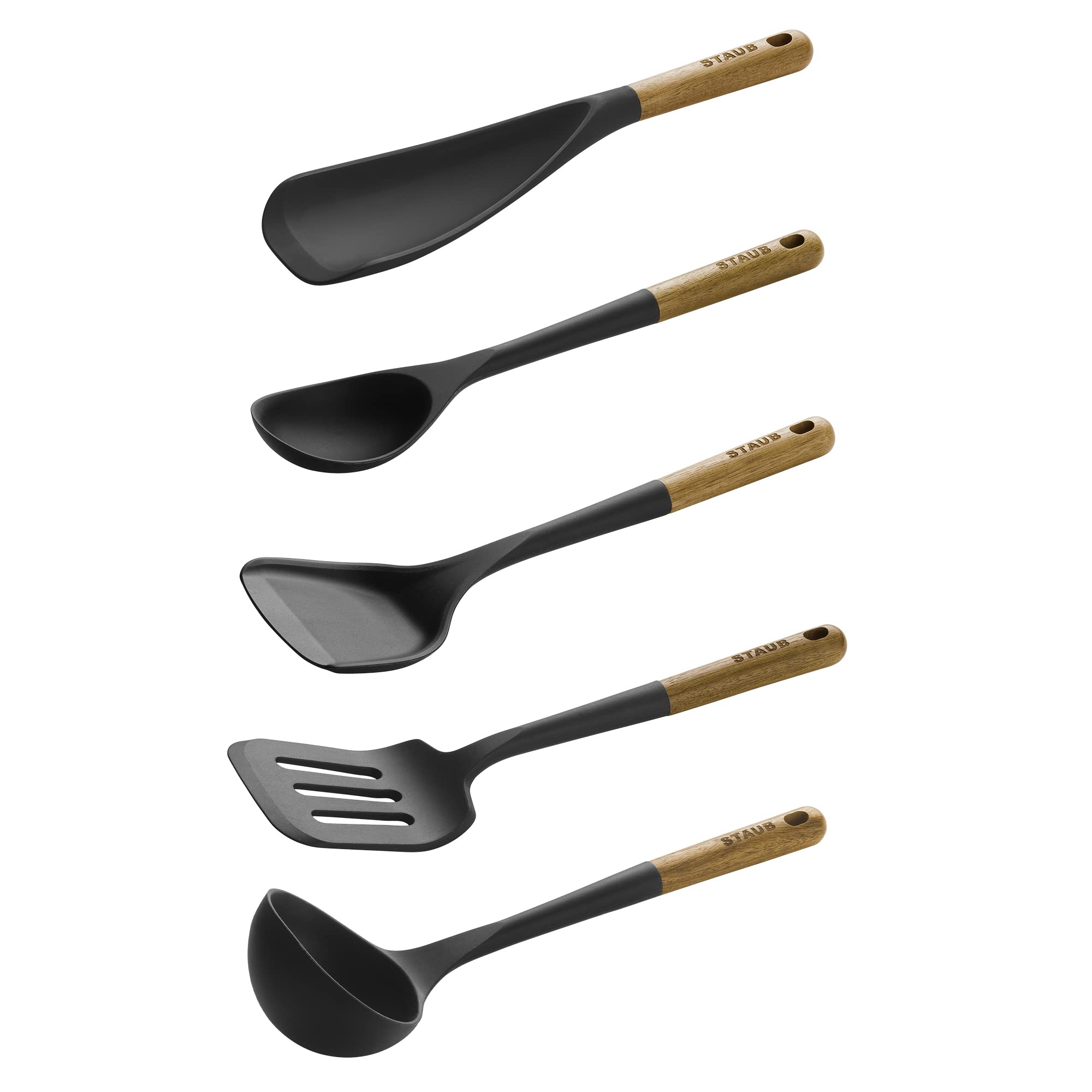 STAUB cuchara para servir con silicona y mango de madera, ideal para servir platos calientes.