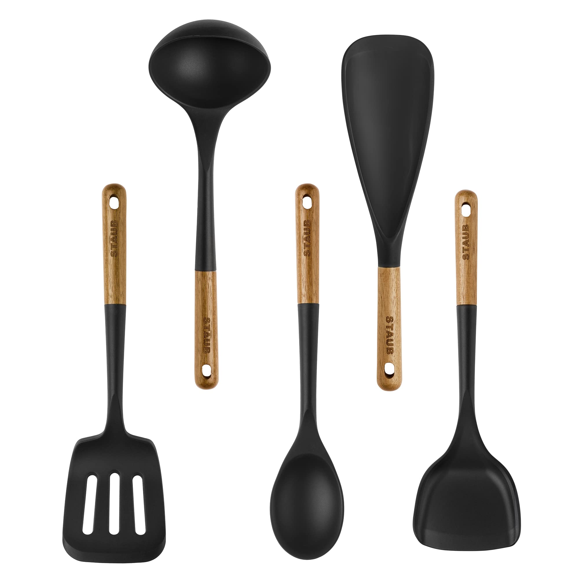 STAUB espátula 2 en 1 con mango de madera, ideal para cocinar y servir sin esfuerzo.