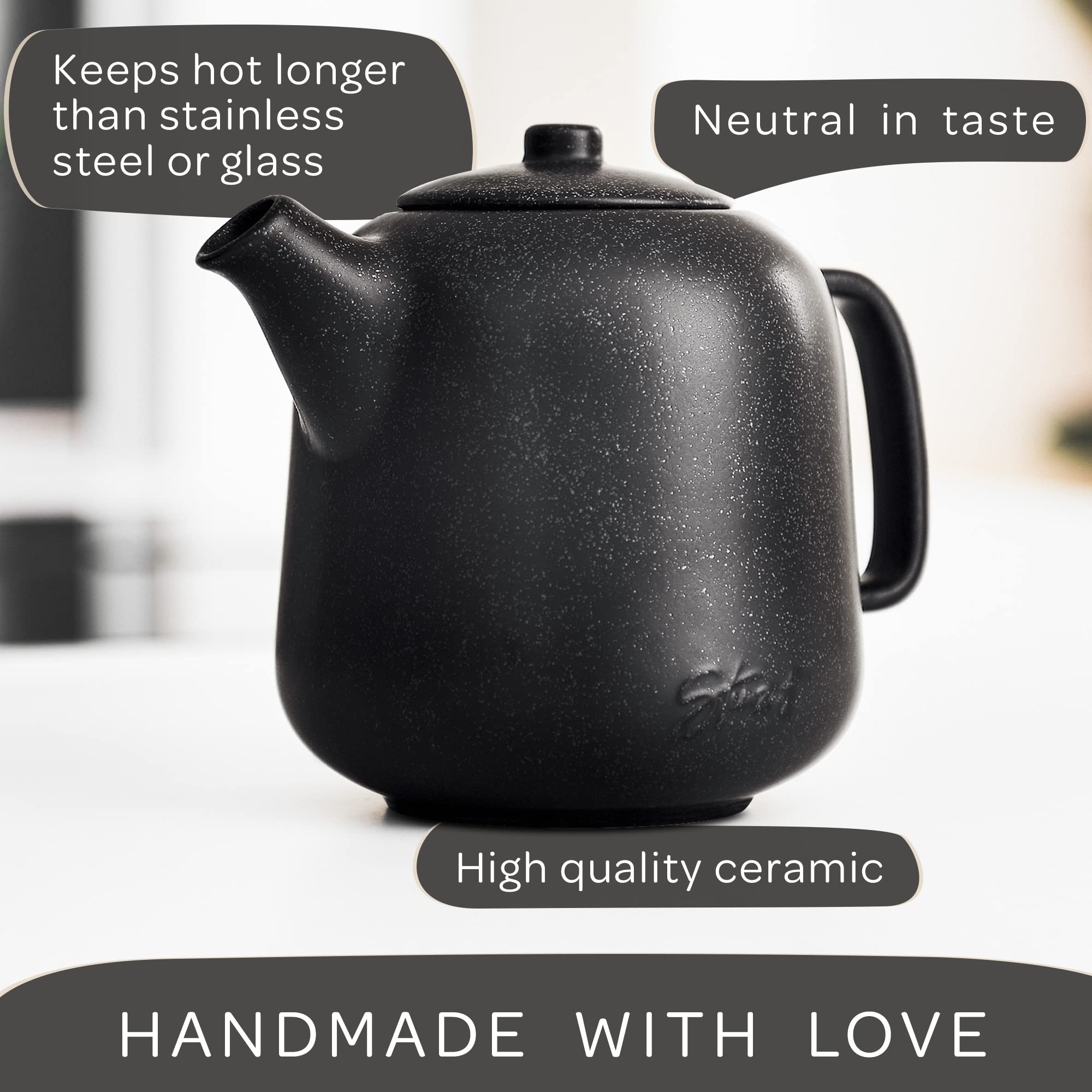 Steinzeit Tetera cerámica negra con infusor removible para té suelto