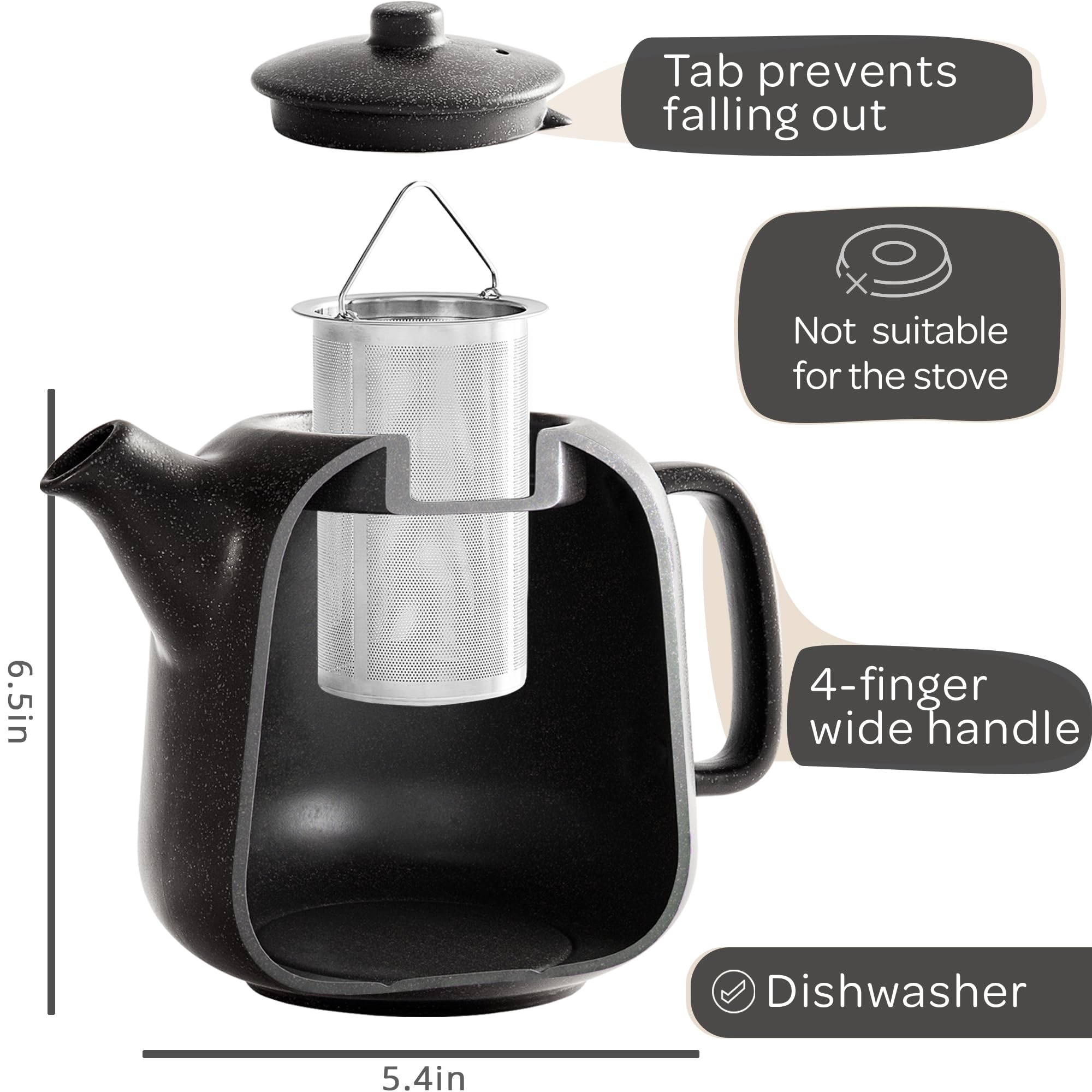 Steinzeit Tetera cerámica negra con acabado pulido para una experiencia de té elegante